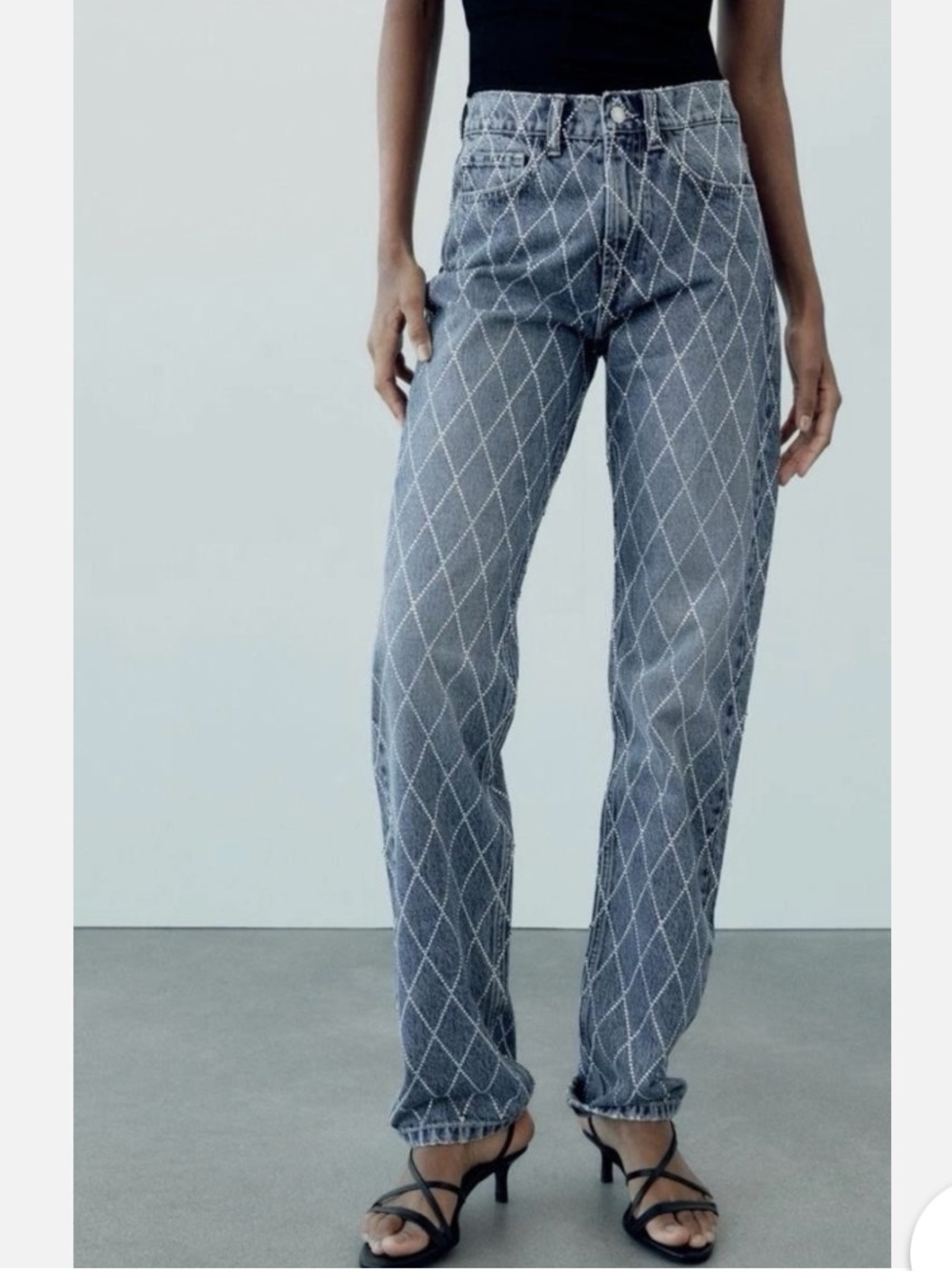ZARA TRF MID-RISE JEANS WITH RHINESTONES BLUE STRAIGHT NEW